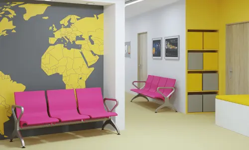 RAINBOW - 3, polyuretanová lavice do čekárny, 3-sedák, růžová, kostra stříbrná