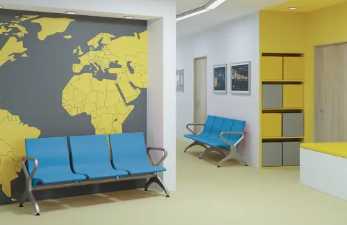 RAINBOW - 4, polyuretanová lavice do čekárny, 4-sedák, blankytně modrá, kostra stříbrná