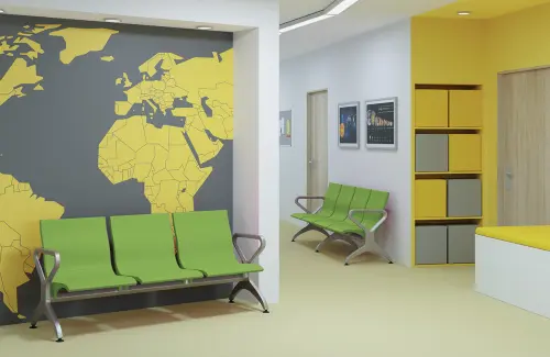 RAINBOW - 4, polyuretanová lavice do čekárny, 4-sedák, jarní zeleň, kostra stříbrná