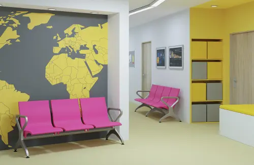 RAINBOW - 4, polyuretanová lavice do čekárny, 4-sedák, růžová, kostra stříbrná