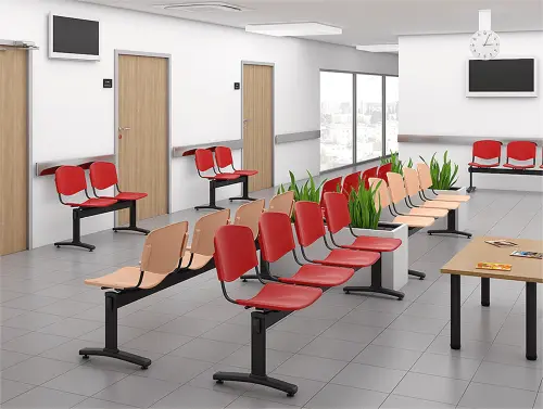 VINCENZA - 4 S, plastová lavice do čekárny, 3-sedák, stolek, červená, kostra stříbrná