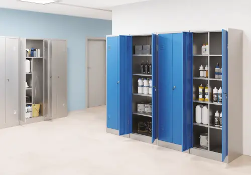 JP - 640 skříň kovová, policová, 1850x600x500 mm, šedá/modrá