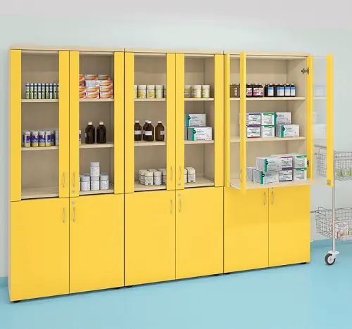 LE - 00 skříň lékařská prosklená, korpus buk royal, dvířka buk royal