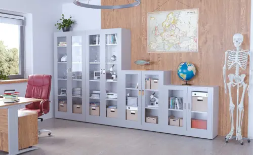 JP - 90 skříň policová, 2-dveřová, sklo,1950x900x400 mm, šedá