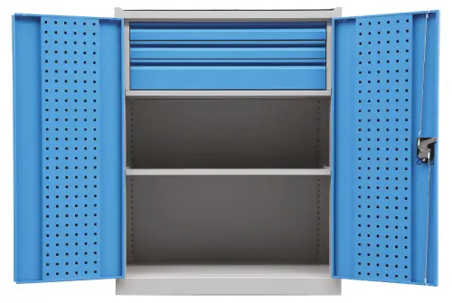 DS - 192 - skříň úložná, 1 police, 3 zásuvky, uzamykatelná, ocel, šedomodrá
