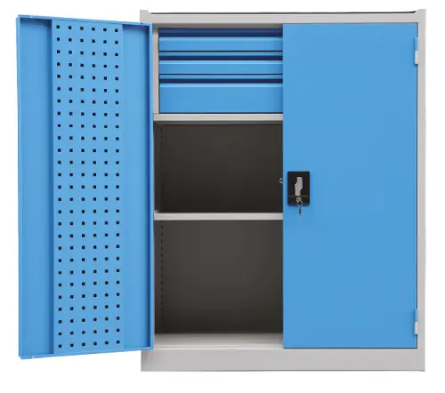DS - 192 - skříň úložná, 1 police, 3 zásuvky, uzamykatelná, ocel, šedomodrá