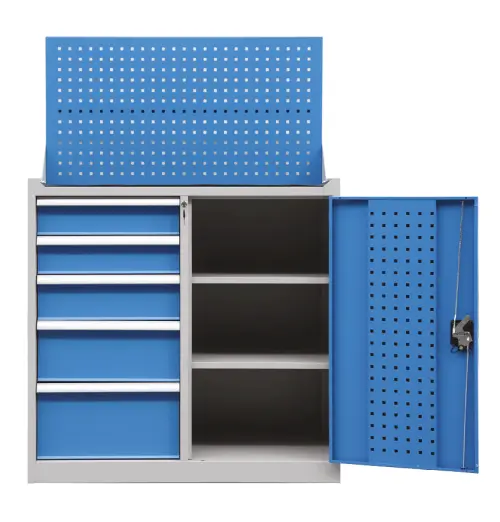 DS - 210 - skříň úložná, 5 zásuvek, závěsná deska, ocel, šedomodrá