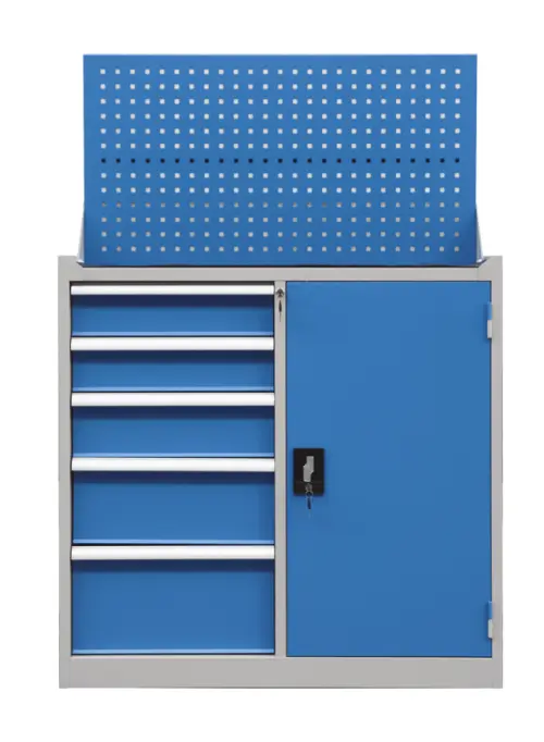 DS - 210 - skříň úložná, 5 zásuvek, závěsná deska, ocel, šedomodrá