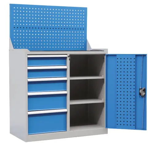 DS - 210 - skříň úložná, 5 zásuvek, závěsná deska, ocel, šedomodrá