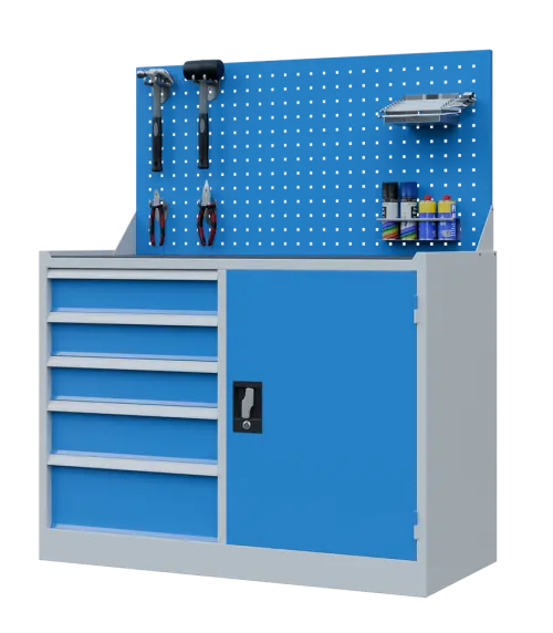 DS - 210 - skříň úložná, 5 zásuvek, závěsná deska, ocel, šedomodrá