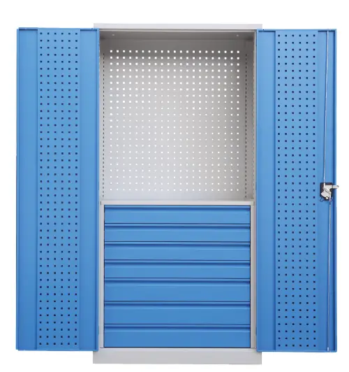 DS - 392 - skříň úložná, 7 zásuvek, uzamykatelná, ocel, šedomodrá