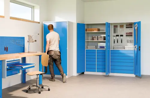 DS - 392 - skříň úložná, 7 zásuvek, uzamykatelná, ocel, šedomodrá