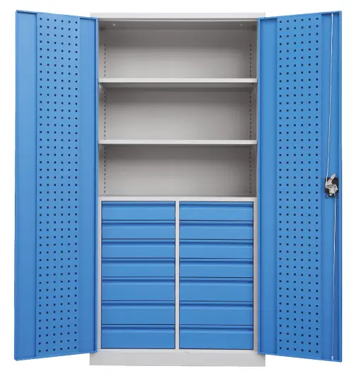 DS - 393 - skříň úložná, 14 zásuvek, 2 police, uzamykatelná, ocel, šedomodrá