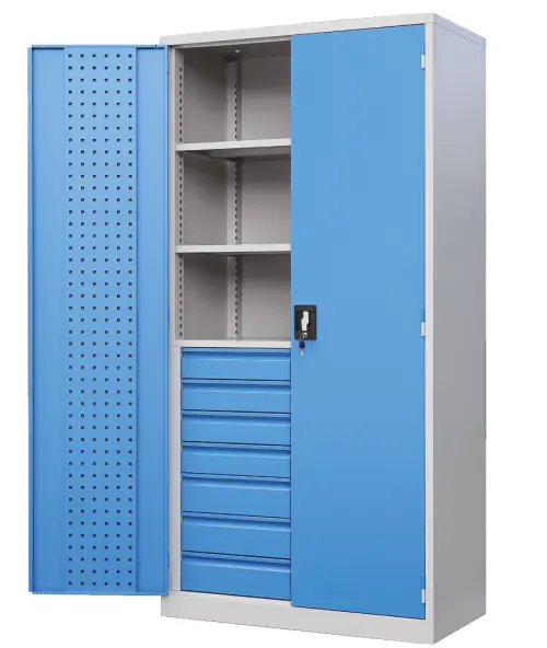 DS - 393 - skříň úložná, 14 zásuvek, 2 police, uzamykatelná, ocel, šedomodrá