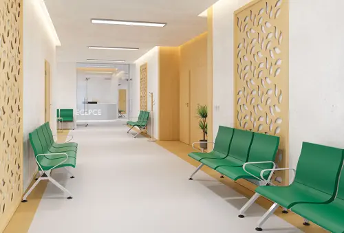 SPACE - 4, polyuretanová lavice do čekárny, 4-sedák, zelená, kostra stříbrná