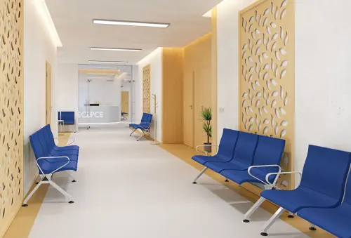 SPACE - 4, polyuretanová lavice do čekárny, 4-sedák, modrá, kostra stříbrná