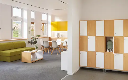 SBS-3322 šatní skříň 6-boxová, 1800x600x400 mm, kovové nohy, korpus bříza irská, dvířka blankyt