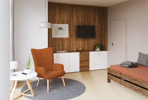 Oaza - křeslo, nohy přírodní dřevo, látka šedá