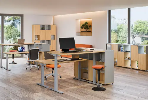 Fleximax 28-20 výškově nastavitelný stůl, kovová podnož stříbrná, deska 25 mm, široký 2000 mm, třešeň šumavská