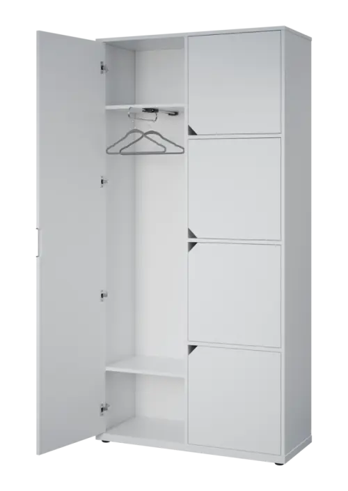 KSR6-83 L skříň šatní, 1x výsuvné ramínko, dvířka, niky, 2053x1022x400 mm, provedení levé, korpus a dvířka dub halifax cínový/police světle petrolejová