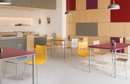 JSBR 150N Jídelní stůl 1500 x 900 mm, deska šedá s hranou pomeranč / podnož stříbrná