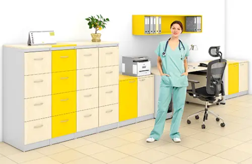 KRD 4 NEW kovová kartotéka s dřevěnými čely A4, 4-zásuvková, centrální zámek, korpus šedý/deska, čílka javor horský