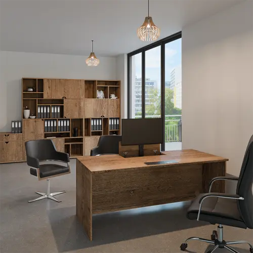 PLVM 18 - 12 stůl kancelářský s výsuvem (1x) monitoru, dřevěná podnož, deska 18 mm, široký 1200 mm, ořech světlý