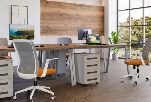 SET-AK 388 stůl kancelářský, kovová podnož stříbrná + kontejner pojízdný, 4-zásuvkový, javor horský