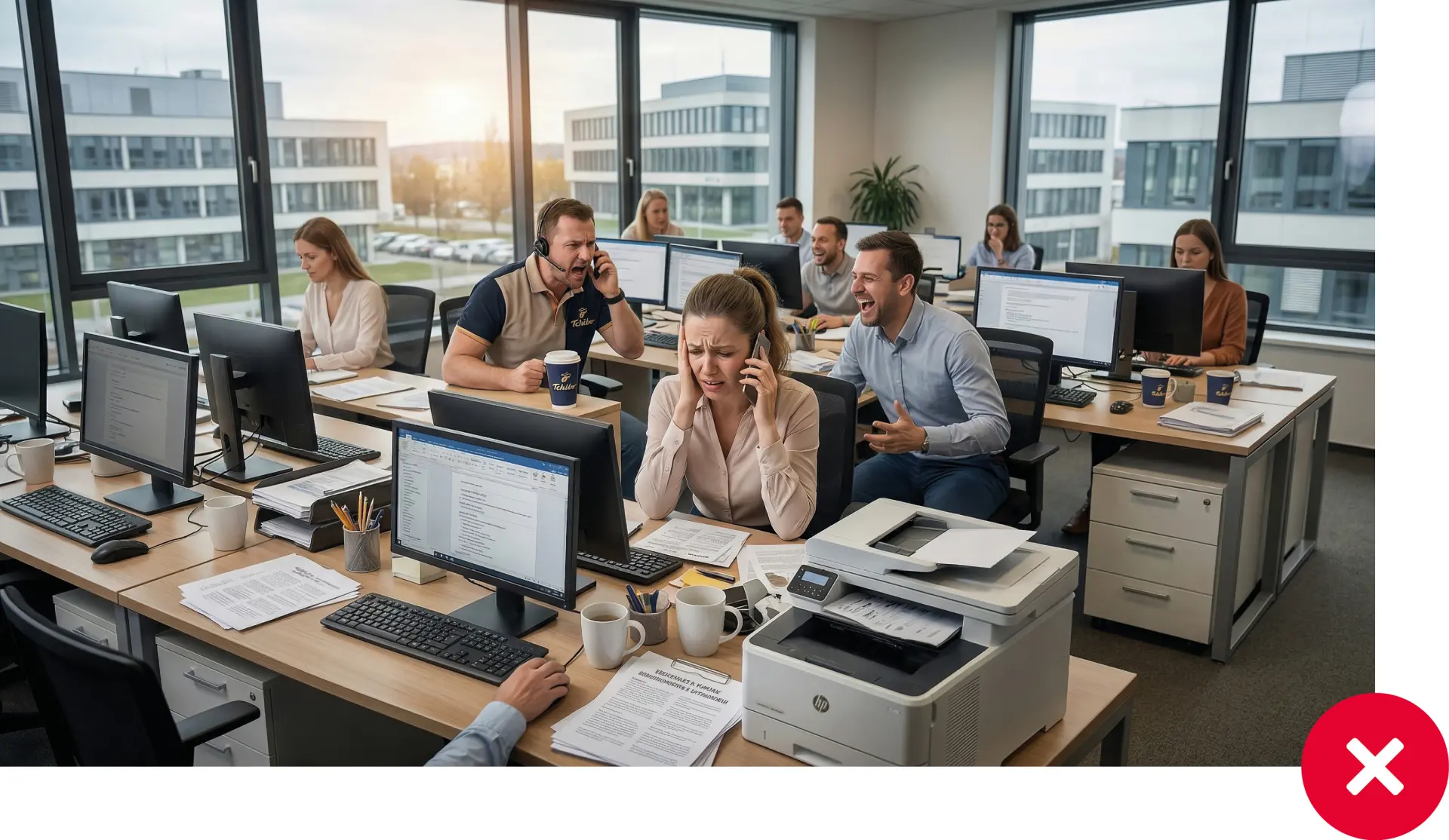 Fotografie chaotické a hlučné open space kanceláře s lidmi telefonujícími a gestikulujícími přes stoly, znázorňující problém se zvukem.