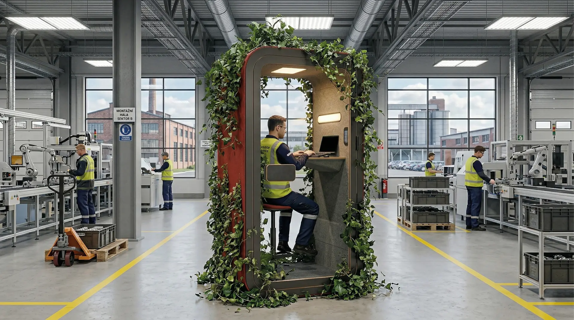 Konceptuální obraz akustického boxu Acoustic Space pokrytého zeleným břečťanem, umístěného jako tichá zóna uprostřed průmyslové výrobní haly s lidmi.