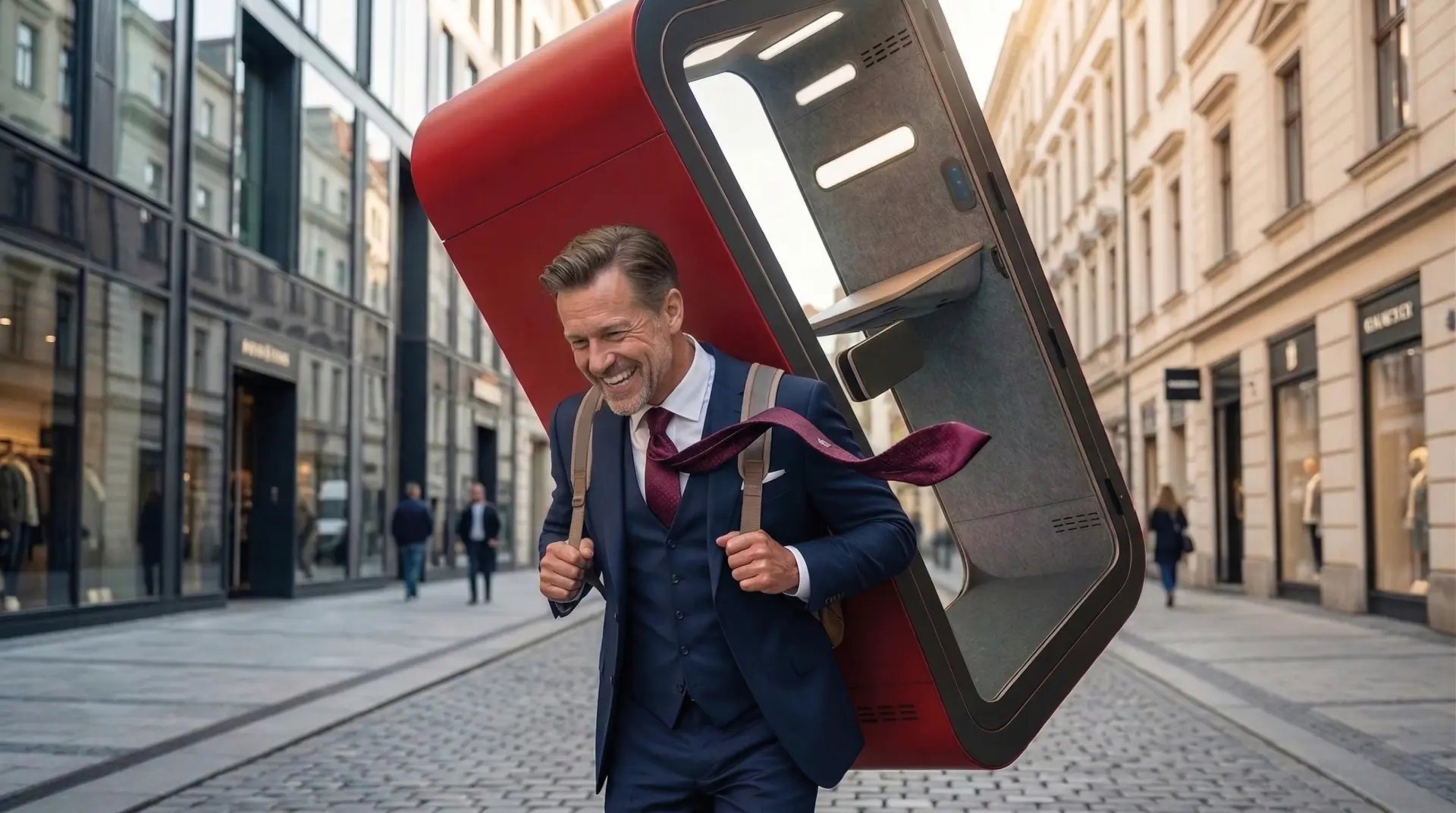 Humorná momentka s manažerem v obleku nesoucím červený akustický box Acoustic Space na zádech na historické ulici.